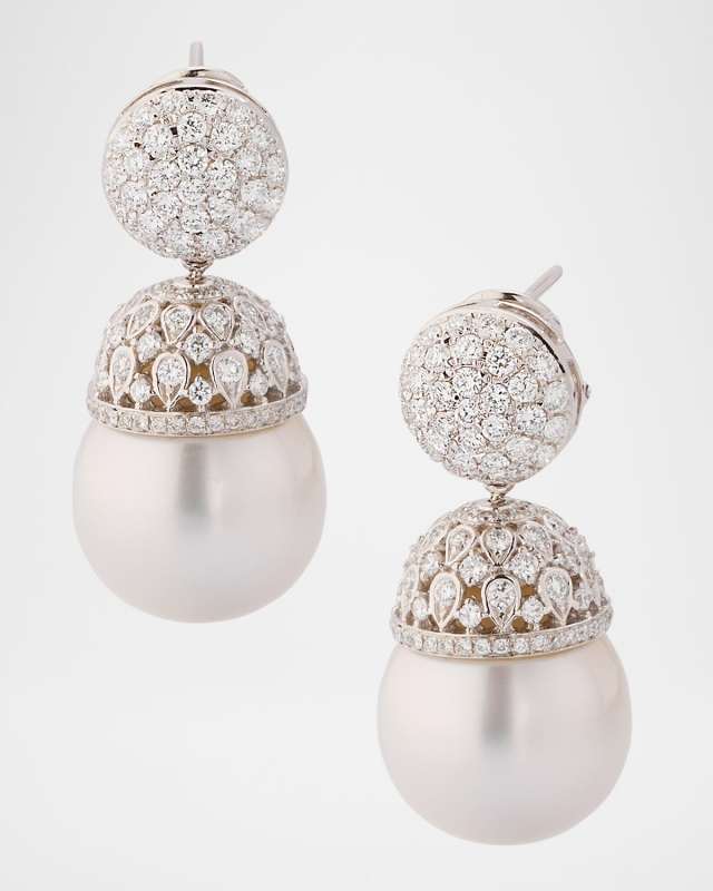 18K White Gold South Sea Pearl Earrings with Diamonds